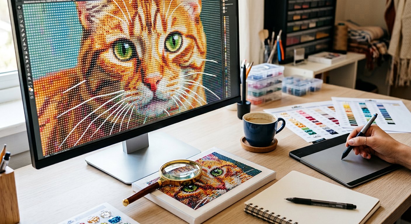 Diamond painting designer reviewing a drill chart conversion on a monitor, with a graphics tablet, colour swatches and a canvas sample on the desk