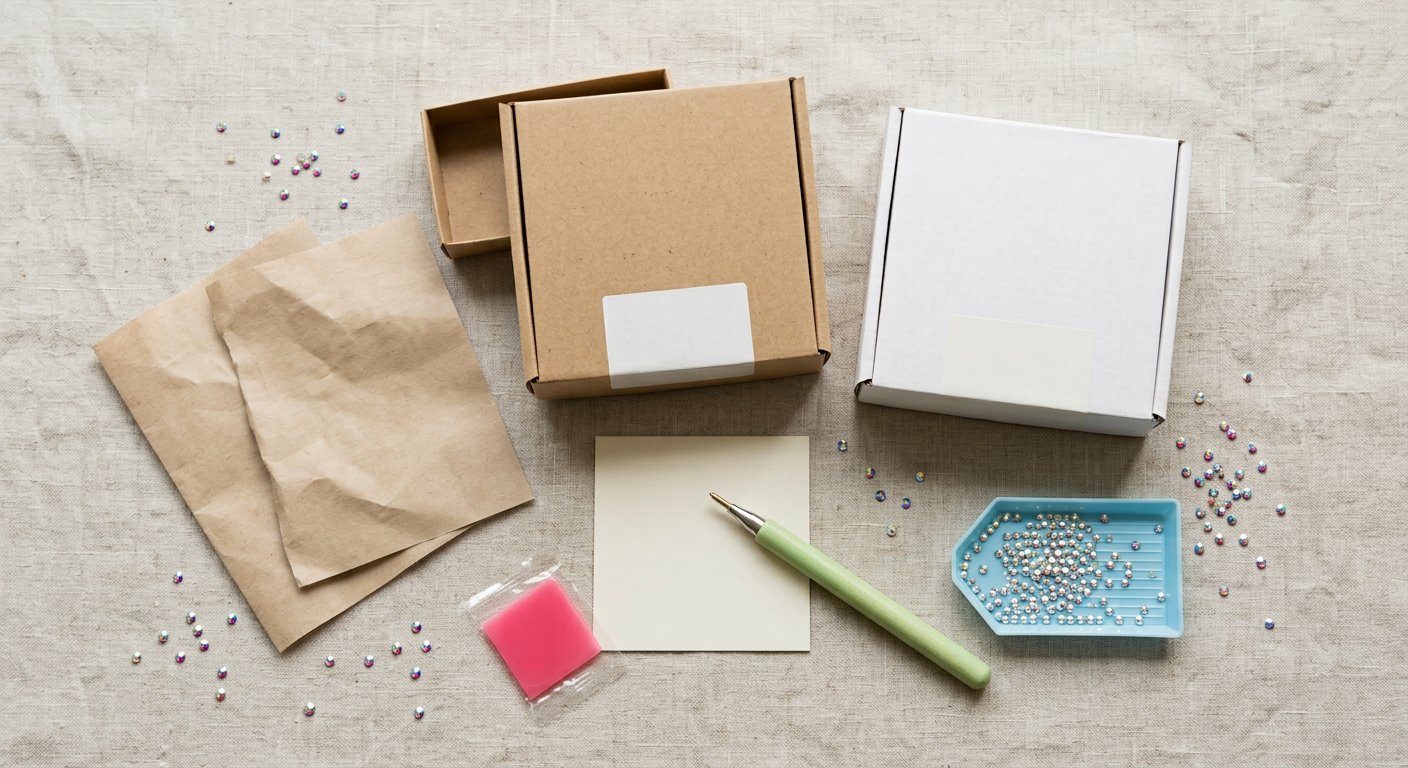 Custom diamond painting packaging components: blank kraft and white boxes ready for private-label printing, with instruction sheet, thank-you card, wax, drill pen, tray and rhinestones