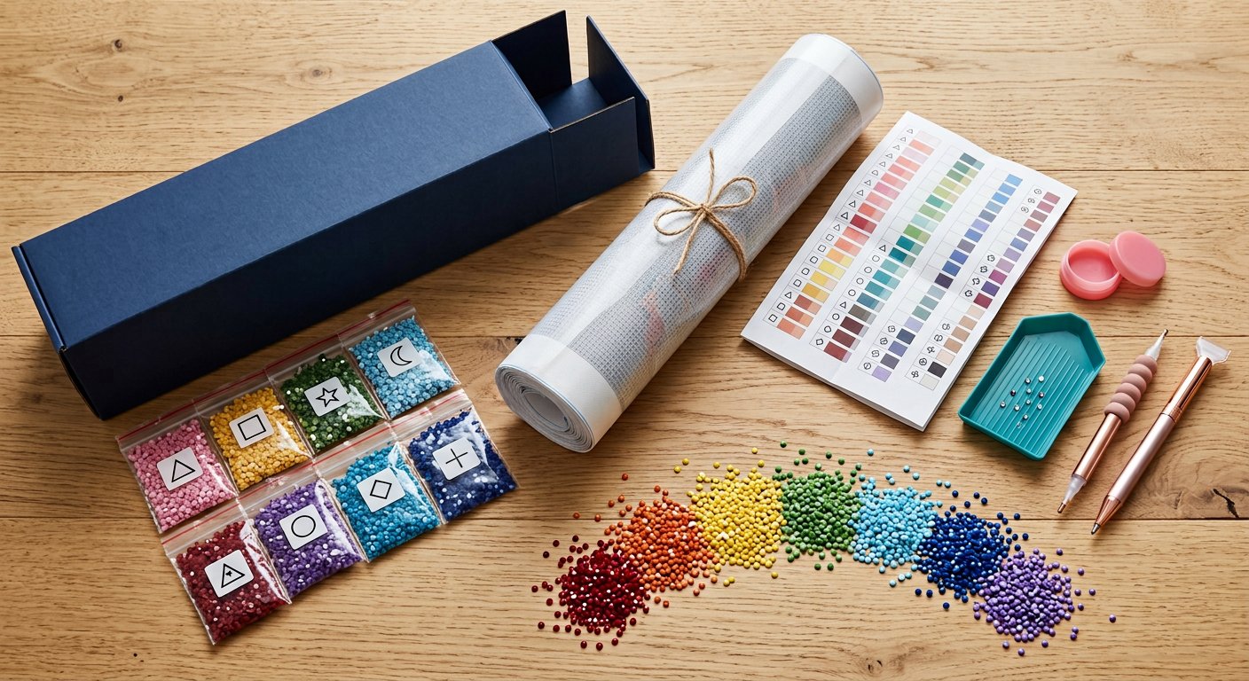 Unboxing a premium wholesale diamond painting kit: rolled canvas, sealed drill bags, colour chart, tray, wax, branded pens and a rainbow arrangement of gems
