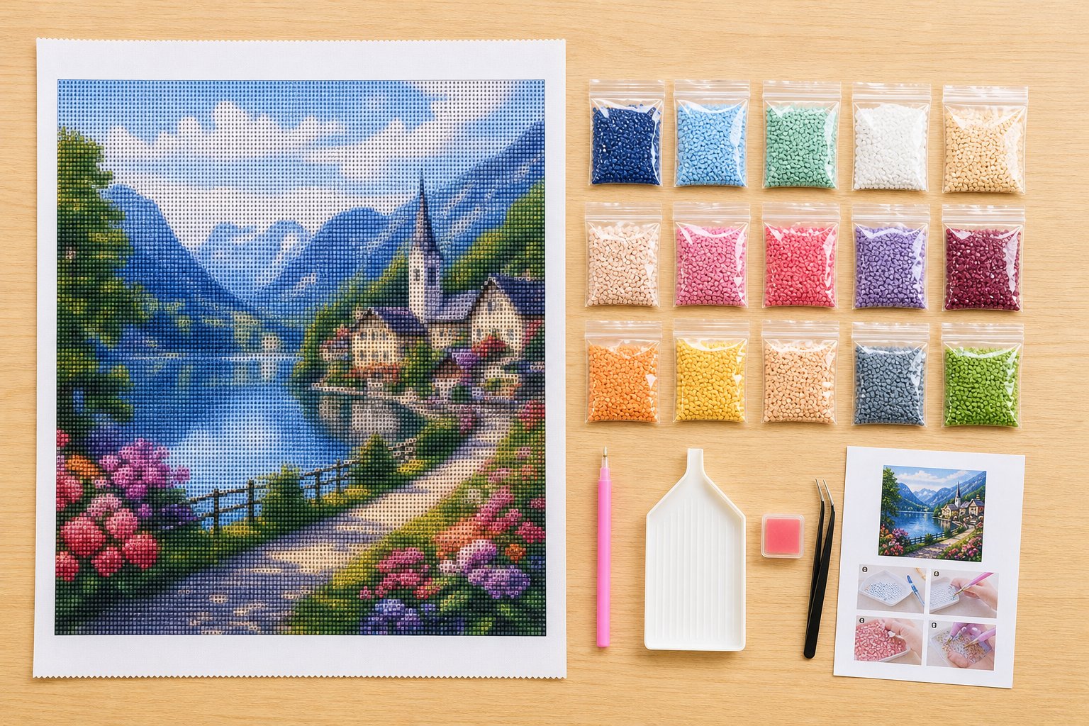 Complete diamond painting kit laid out on a wooden table, including coded canvas, bags of colorful resin drills, applicator pen, tray, wax, and tweezers