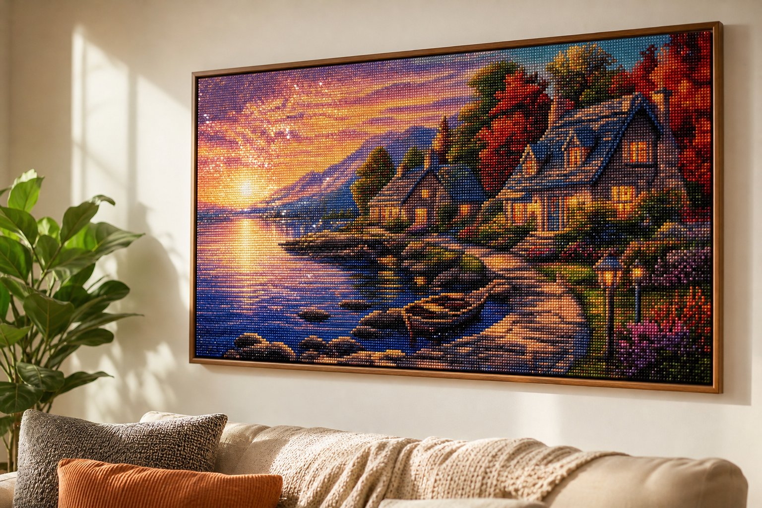 A large framed finished diamond painting sparkling on the wall of a cozy modern living room