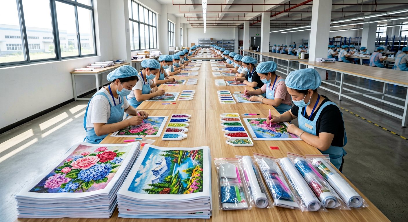 Skilled workers on the DP Lounge production floor filling drill trays and assembling diamond painting kits