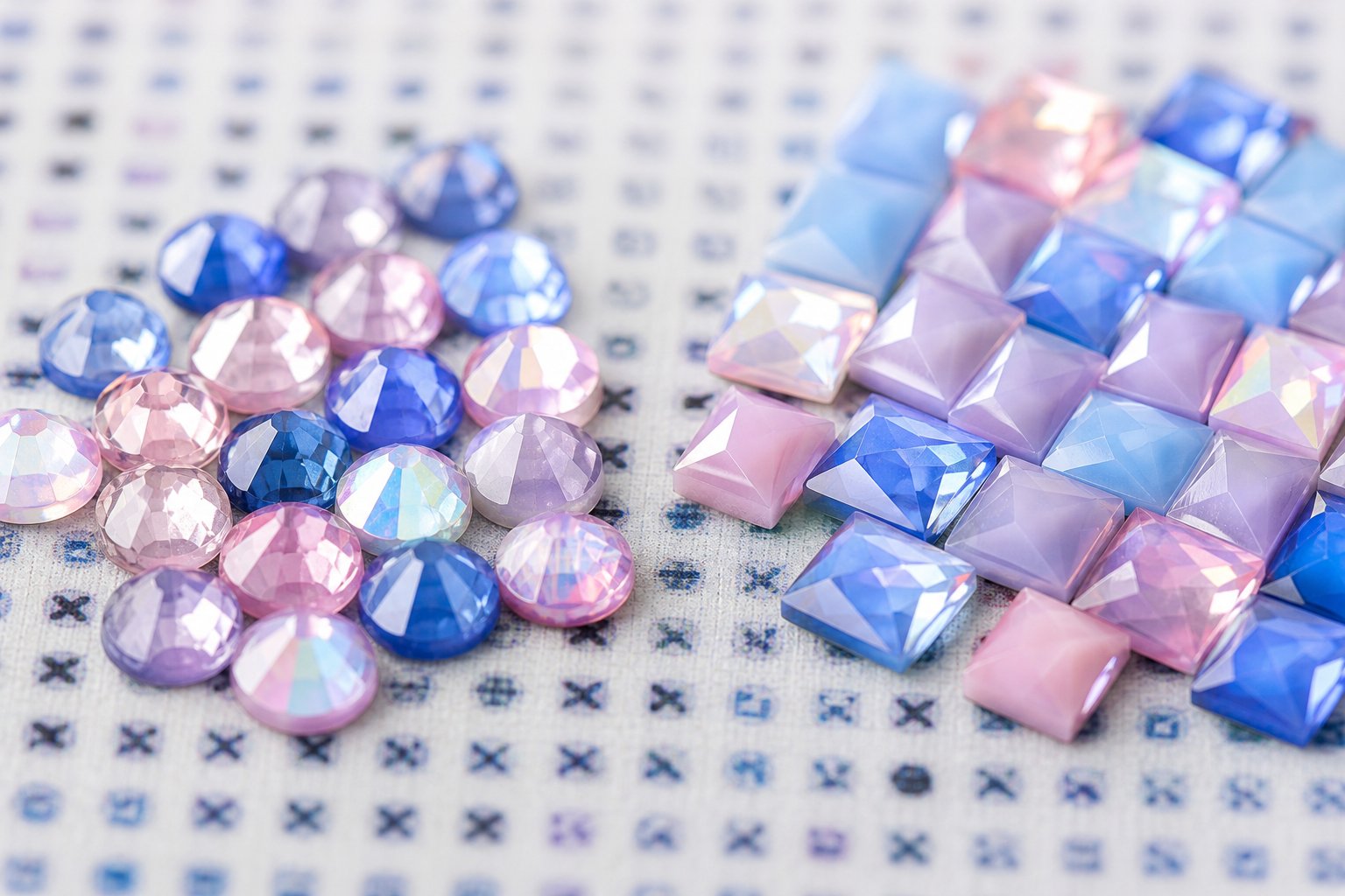 Macro comparison of round domed diamond painting drills next to square faceted drills resting on a symbol-printed adhesive canvas