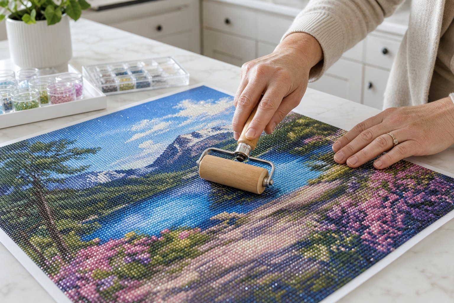 Hands using a small wooden brayer roller to press down the drills on a completed diamond painting canvas