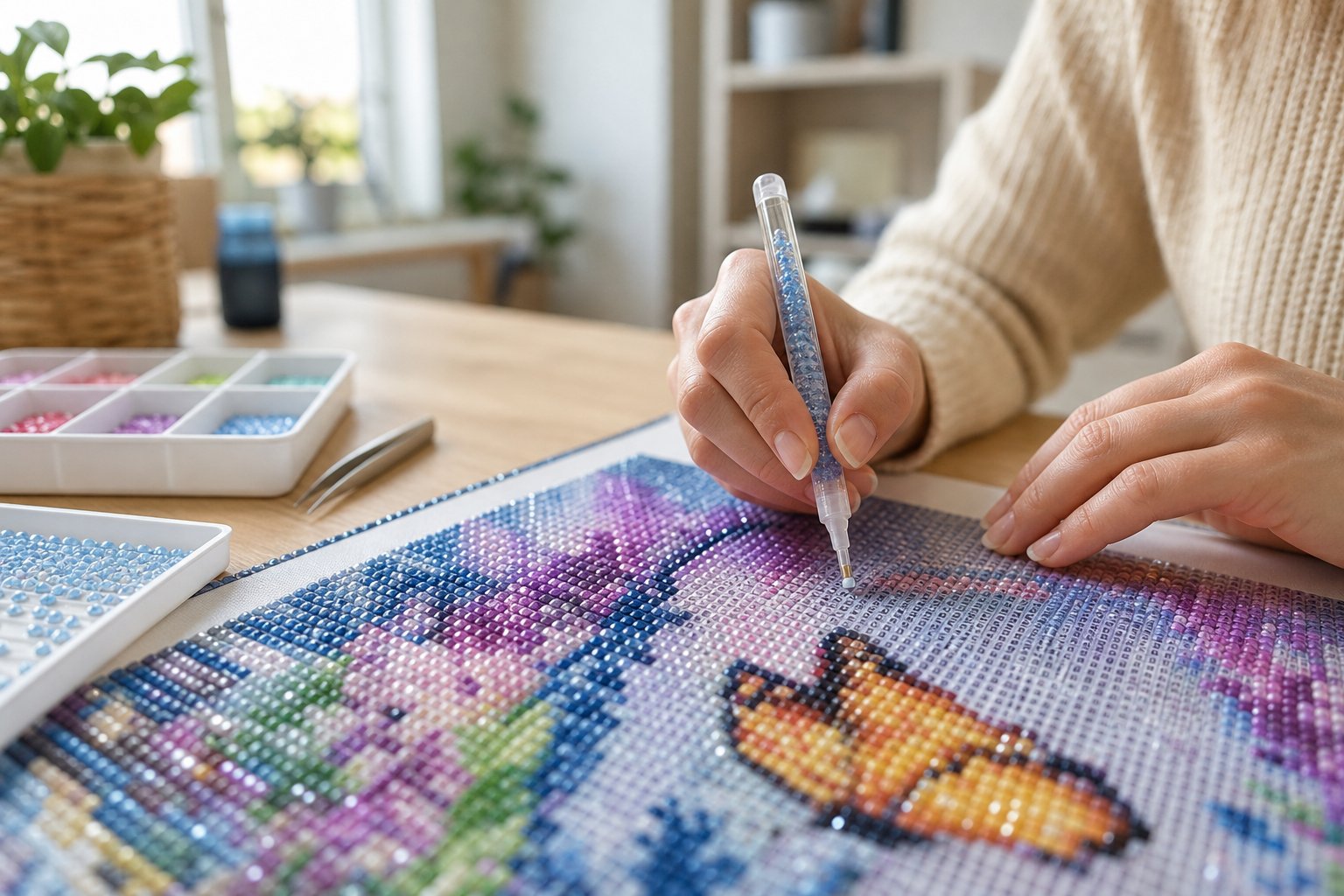Person placing a resin diamond onto an adhesive diamond painting canvas with applicator pen
