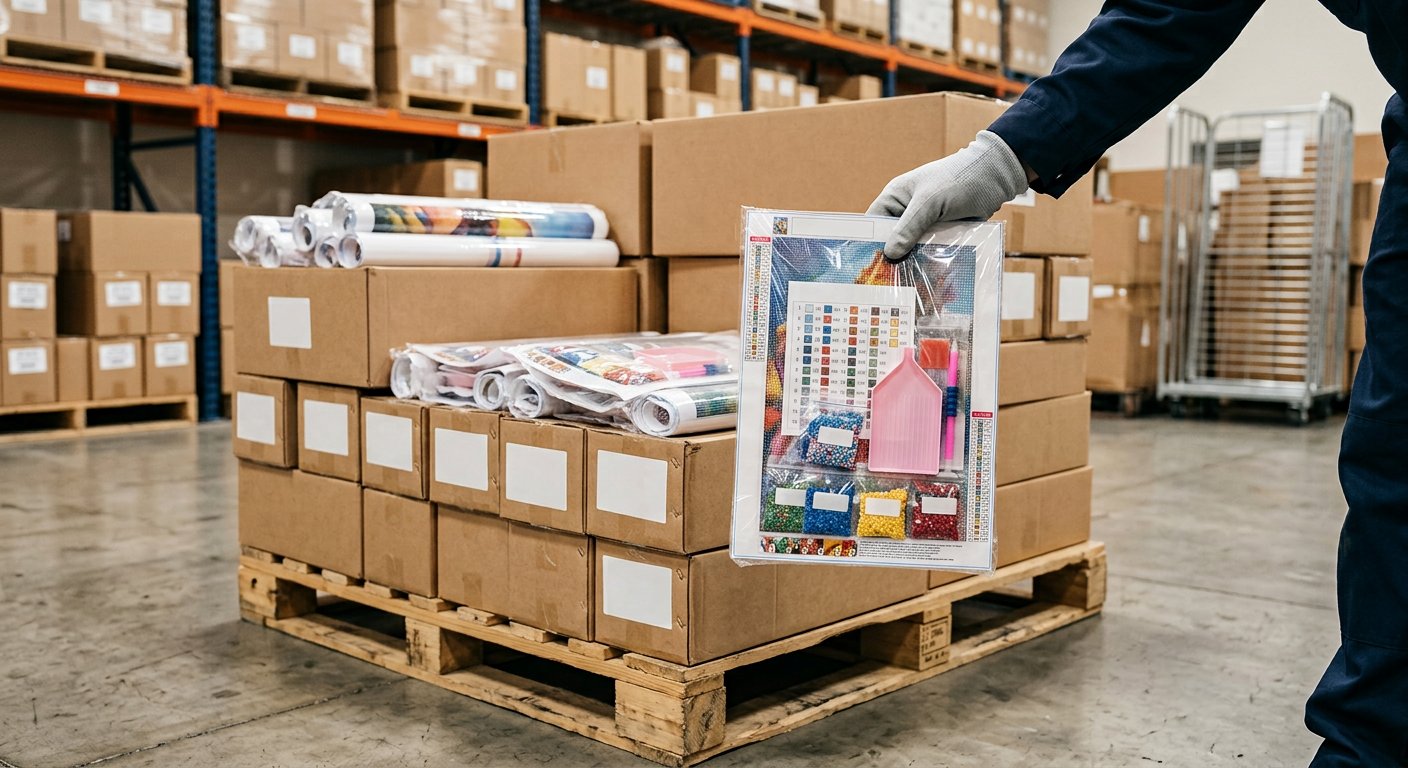 Bulk wholesale diamond painting kits shrink-wrapped and stacked on a pallet in a warehouse with trays of colourful rhinestone drills